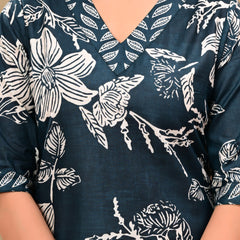 Deep Blue Floral Print V-neck Kurta with Pants set