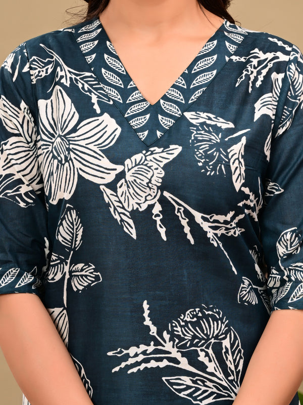 Deep Blue Floral Print V-neck Kurta with Pants set