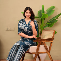 Deep Blue Floral Print V-neck Kurta with Pants set