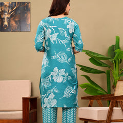 Sky Blue Floral Print V-neck Kurta with Pants set