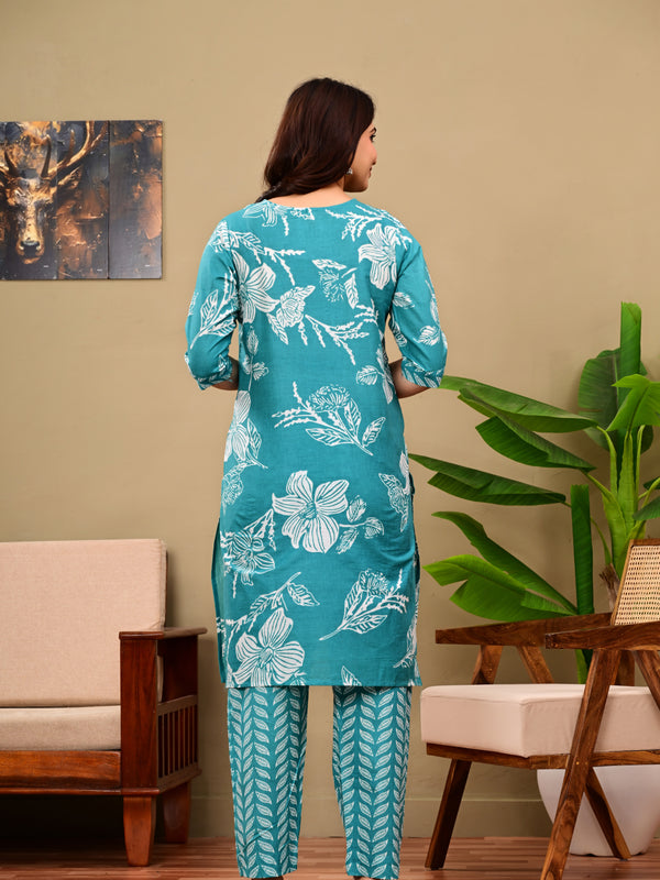 Sky Blue Floral Print V-neck Kurta with Pants set