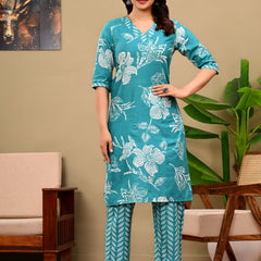Sky Blue Floral Print V-neck Kurta with Pants set