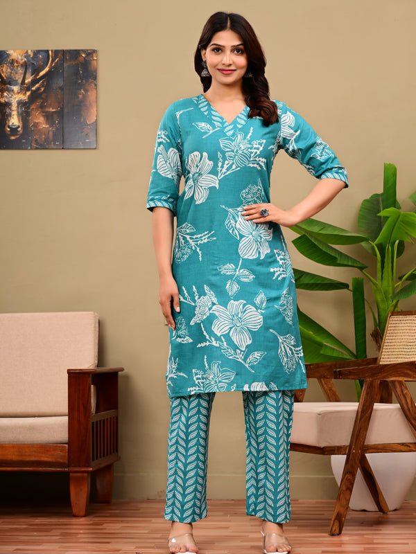 Sky Blue Floral Print V-neck Kurta with Pants set