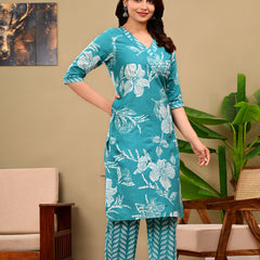 Sky Blue Floral Print V-neck Kurta with Pants set