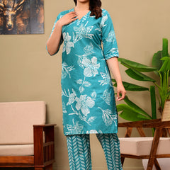 Sky Blue Floral Print V-neck Kurta with Pants set