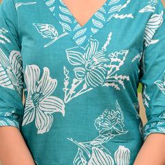 Sky Blue Floral Print V-neck Kurta with Pants set