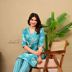 Sky Blue Floral Print V-neck Kurta with Pants set