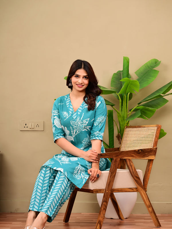 Sky Blue Floral Print V-neck Kurta with Pants set