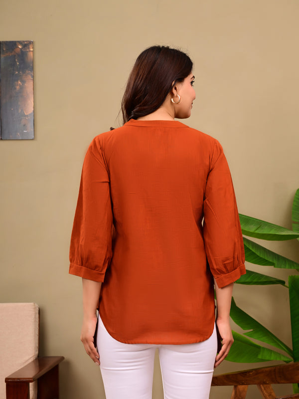 Rust Orange Linen Blend Top