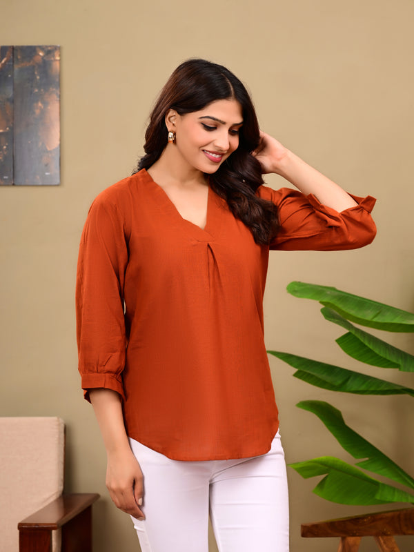 Rust Orange Linen Blend Top