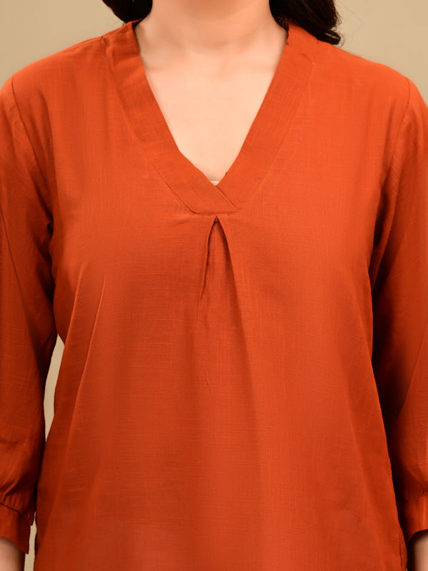 Rust Orange Linen Blend Top