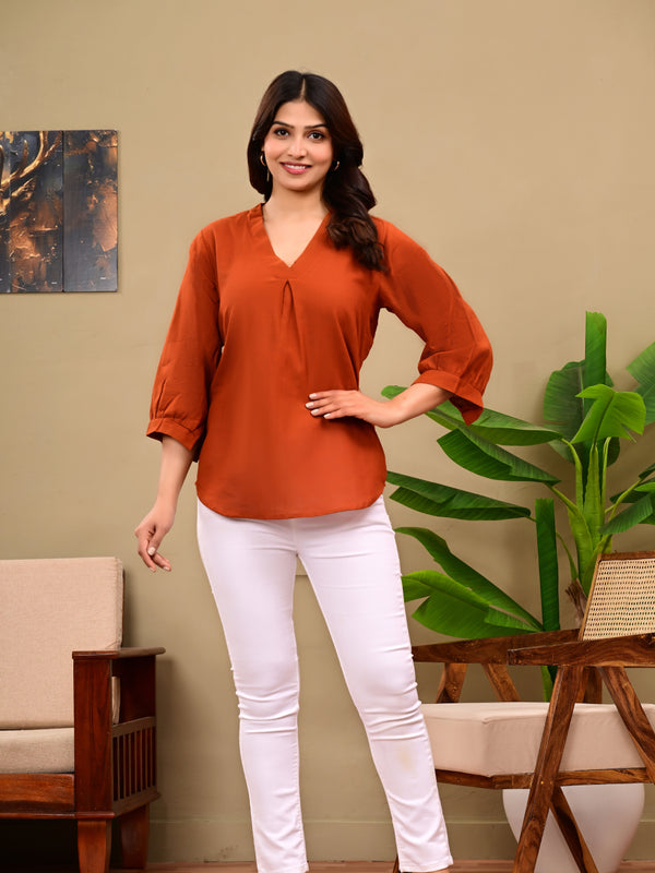 Rust Orange Linen Blend Top