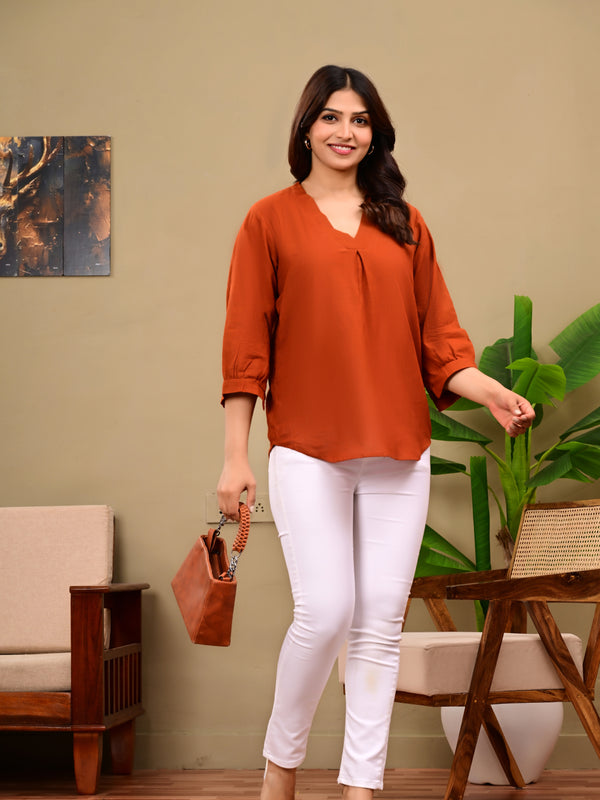 Rust Orange Linen Blend Top