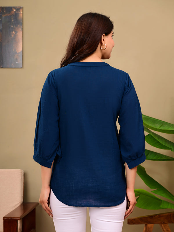 Navy Blue Linen Blend Top