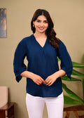 Women's Navy Blue Solid V-Neck Top