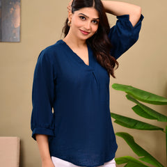 Navy Blue Linen Blend Top