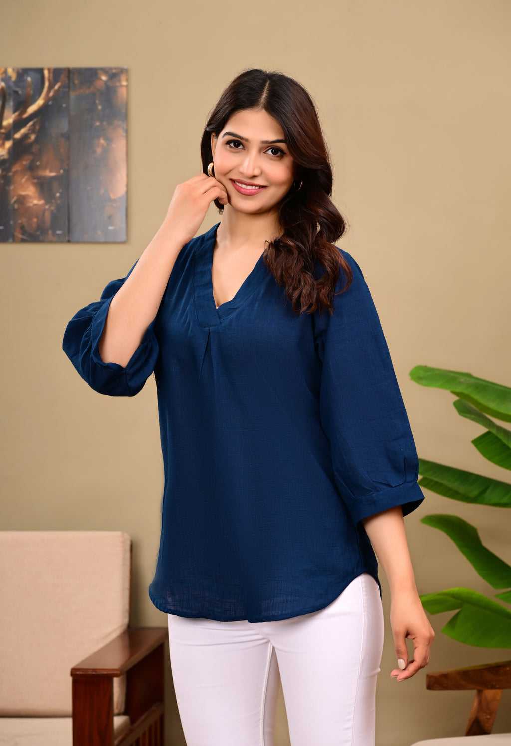 Women's Navy Blue Solid V-Neck Top