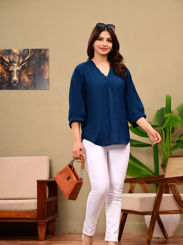 Navy Blue Linen Blend Top