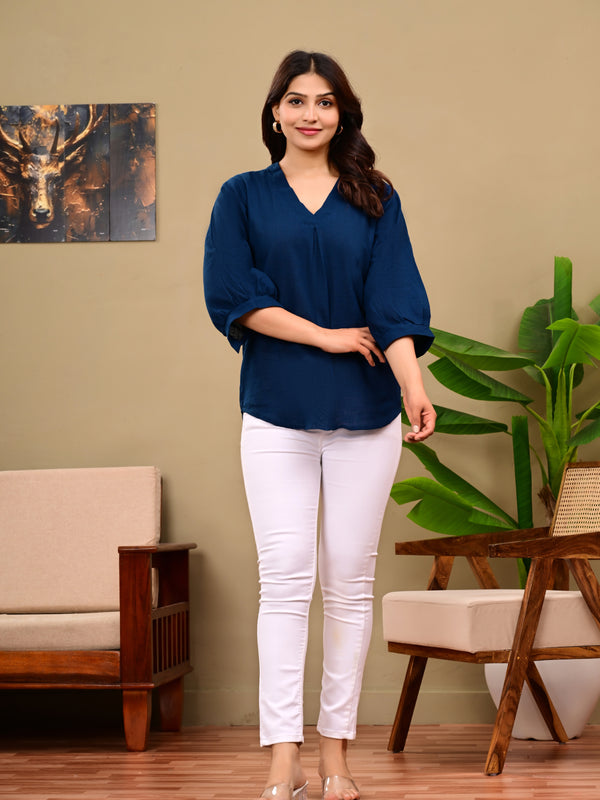 Navy Blue Linen Blend Top