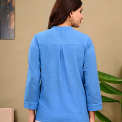 Sky Blue Shirt Styled Linen Blend Top