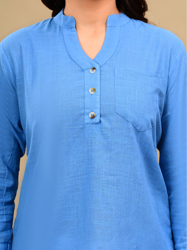 Sky Blue Shirt Styled Linen Blend Top