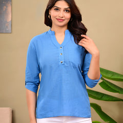 Sky Blue Shirt Styled Linen Blend Top