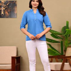 Sky Blue Shirt Styled Linen Blend Top