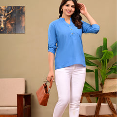 Sky Blue Shirt Styled Linen Blend Top