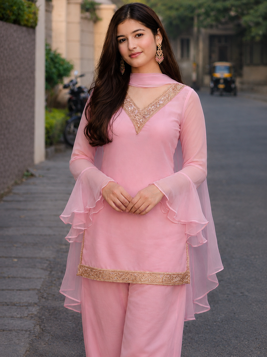 Women's Blush Pink Embroidered Kurta Set with Dupatta