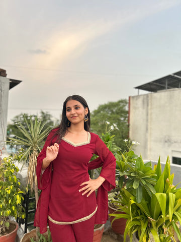 Women's Maroon Embellished Kurta Set with Dupatta