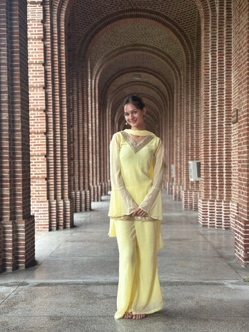 Women's Lemon Yellow Embroidered Kurta Set with Dupatta