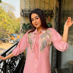 Dusty Pink Linen Blend Emboridered Shirt with Pants
