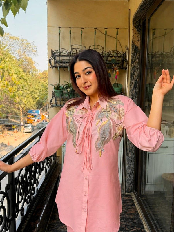 Dusty Pink Linen Blend Emboridered Shirt with Pants