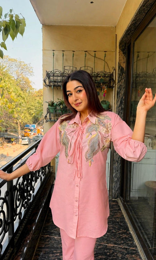 Designer Pink Collared Shirt with Straight Pants