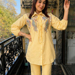 Lemon Yellow Linen Blend Emboridered Shirt with Pants