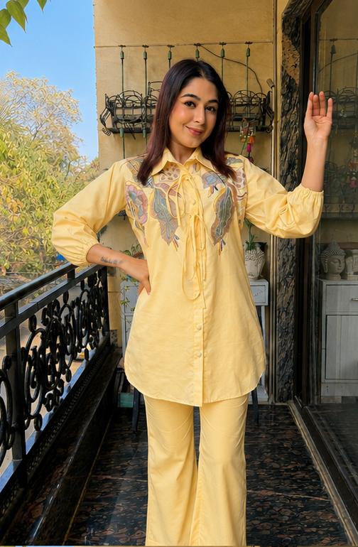 Elegant Yellow Embroidered Shirt & Pant Set