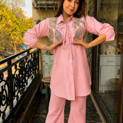 Dusty Pink Linen Blend Emboridered Shirt with Pants