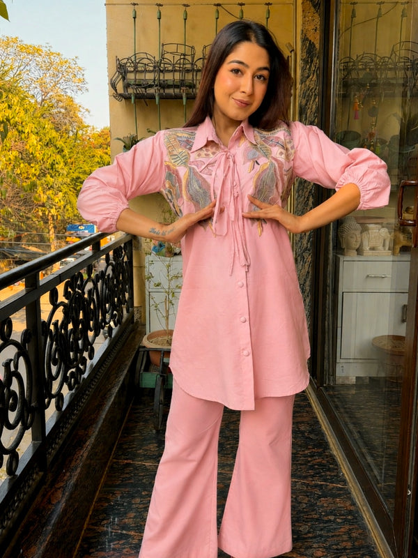Dusty Pink Linen Blend Emboridered Shirt with Pants