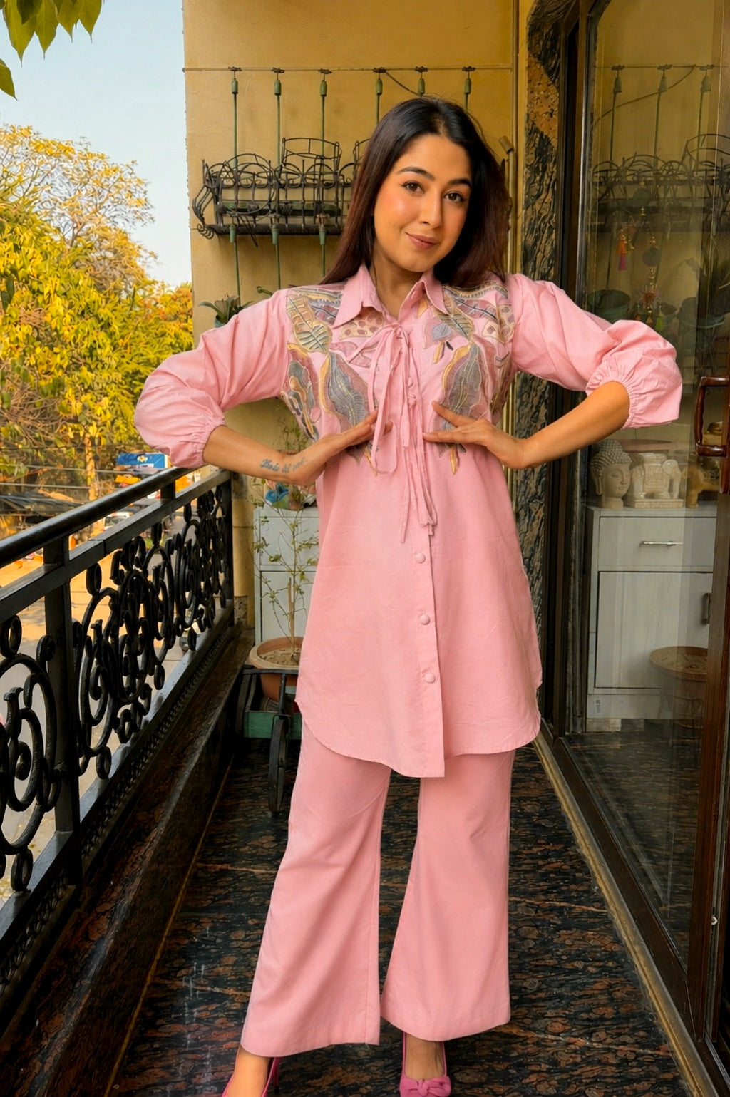 Designer Pink Collared Shirt with Straight Pants