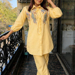 Lemon Yellow Linen Blend Emboridered Shirt with Pants
