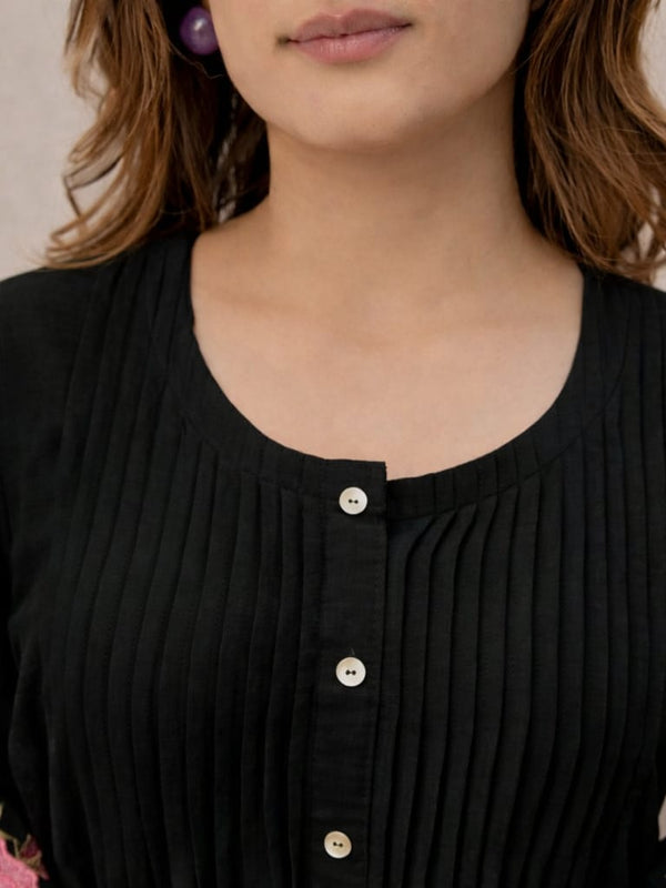 Black Linen Blend Floral Embroidered Coordset