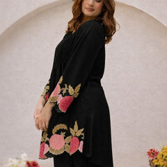 Black Linen Blend Floral Embroidered Coordset