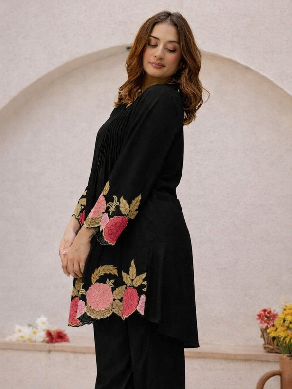 Black Linen Blend Floral Embroidered Coordset