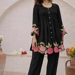 Black Linen Blend Floral Embroidered Coordset