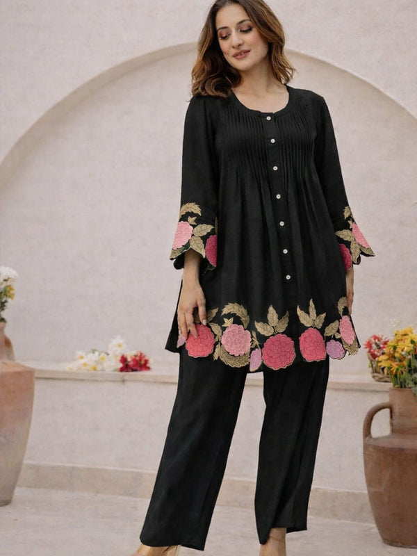Black Linen Blend Floral Embroidered Coordset