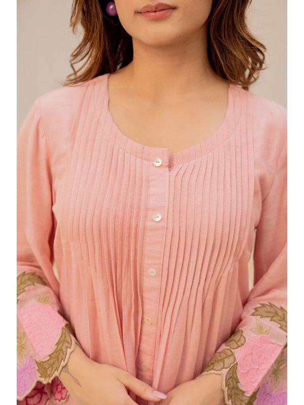 Baby Pink Linen Blend Floral Embroidered Coordset