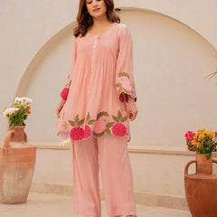 Baby Pink Linen Blend Floral Embroidered Coordset
