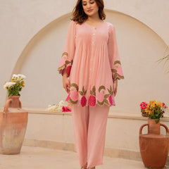 Baby Pink Linen Blend Floral Embroidered Coordset
