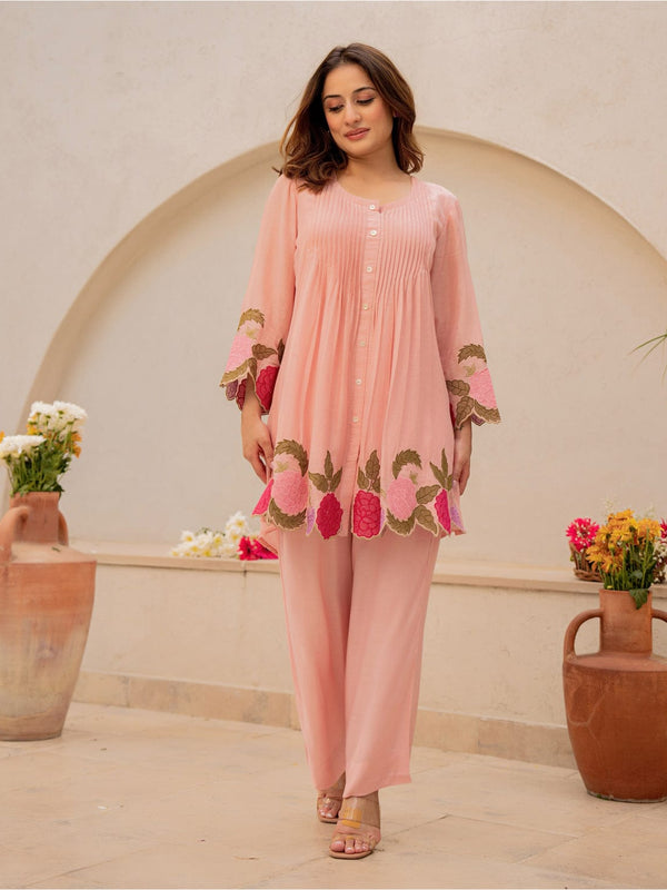 Baby Pink Linen Blend Floral Embroidered Coordset