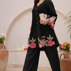 Black Linen Blend Floral Embroidered Coordset